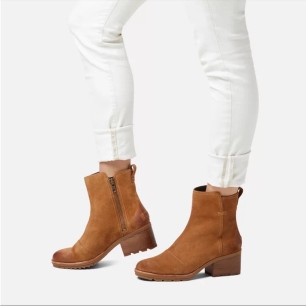 Sorel Cate Camel Suede Tan Block Heel Waterproof Booties Size 11
